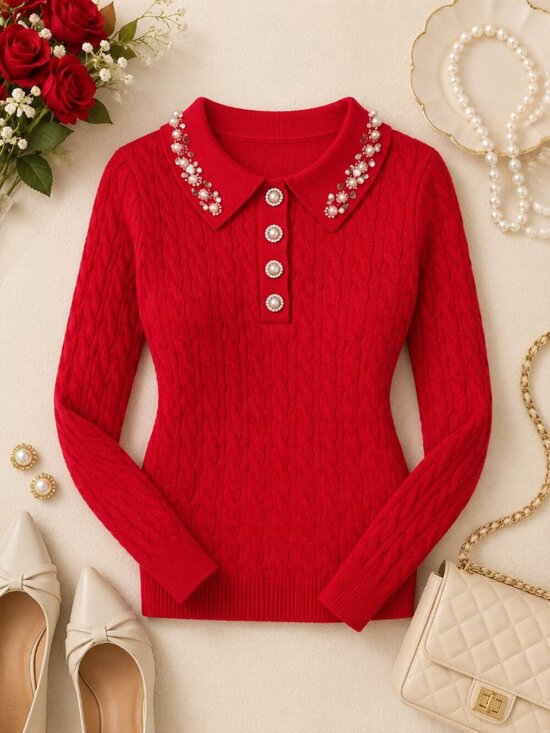 Lizette Collection Tops - LC Lizette Collection Red Cable Knit Embellished Collar Sweater Size Large